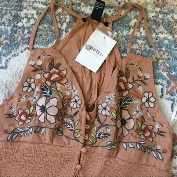 NWT Forever 21 boho gauze embroidered floral strappy button down crop top - Picture 7 of 10